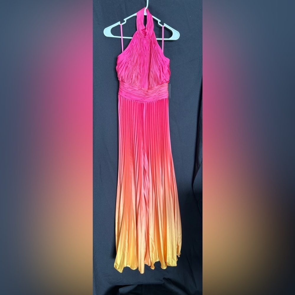 Mac Duggal 49869 Nwt Vibrant Pink And Orange Halter Pleated Jumpsuit
